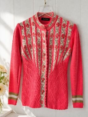 Front Line ♡ Vintage Neon Coral Knit Cardigan Textured Rhinestone Detail Size S